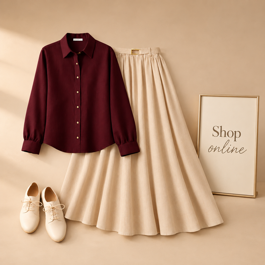 MAROON BUTTON DOWN WITH BEIGE SKIRT (Twill)