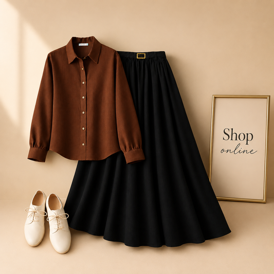 BROWN BUTTON DOWN WITH BLACK SKIRT (Twill)