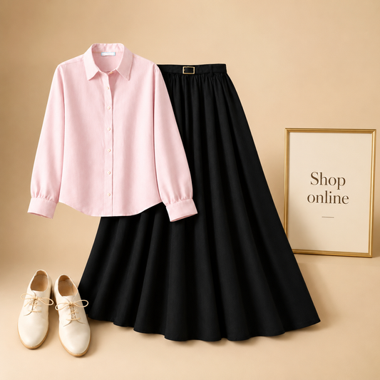 PINK BUTTON DOWN WITH BLACK SKIRT (Twill)