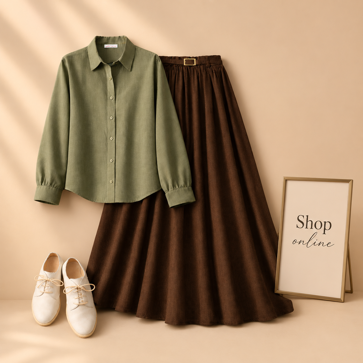 OLIVE GREEN BUTTON DOWN WITH BROWN SKIRT (Twill)