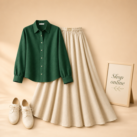 BOTTLE GREEN BUTTON DOWN WITH BEIGE SKIRT (Twill)
