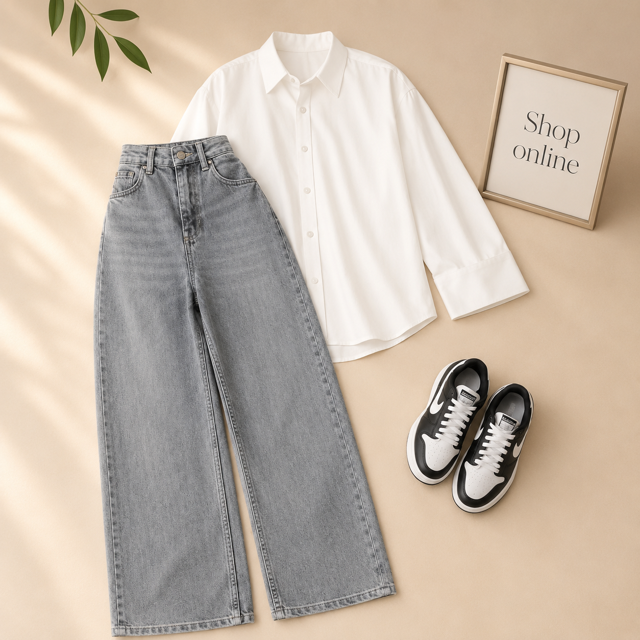 WHITE BUTTON SHIRT WITH CHARCOAL WIDE LEG JEANS