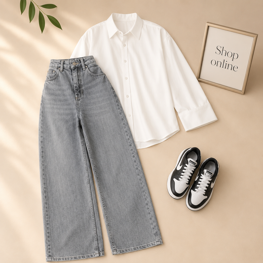 WHITE BUTTON SHIRT WITH CHARCOAL WIDE LEG JEANS