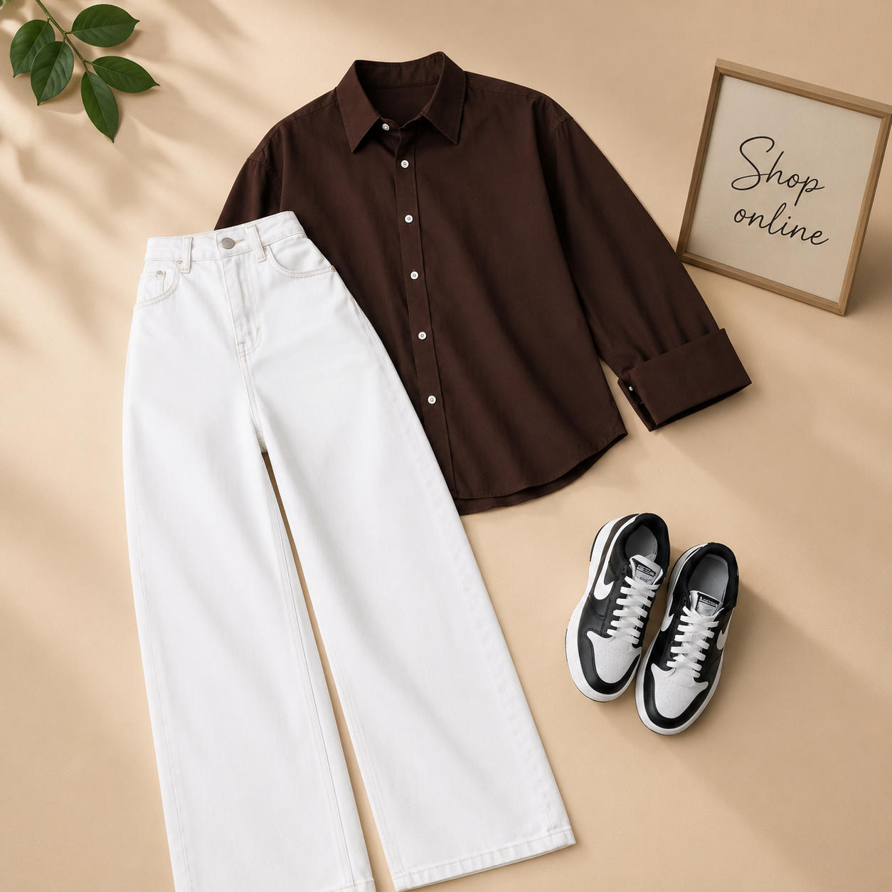 BROWN BUTTON SHIRT WITH WHITE WIDE LEG JEANS