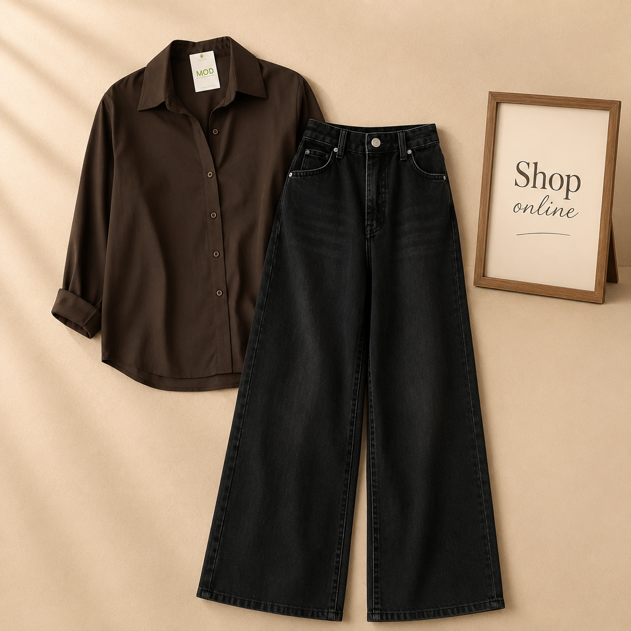BROWN BUTTON SHIRT WITH BLACK WIDE LEG JEANS