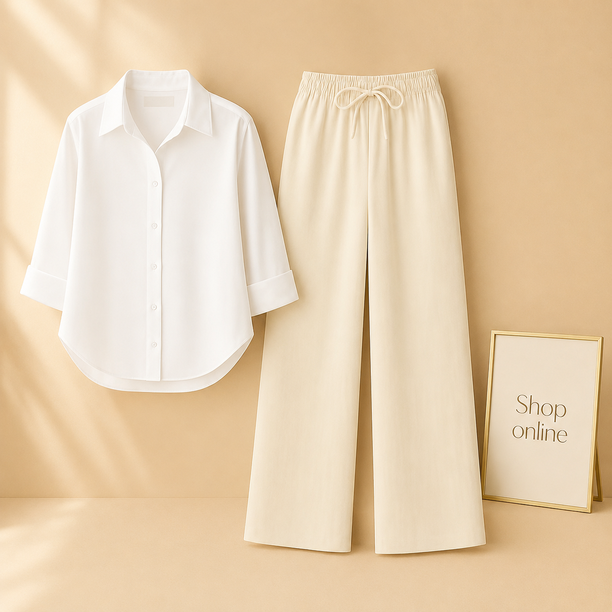 WHITE BUTTON DOWN SHIRT WITH BEIGE FLAPPER
