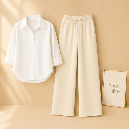WHITE BUTTON DOWN SHIRT WITH BEIGE FLAPPER