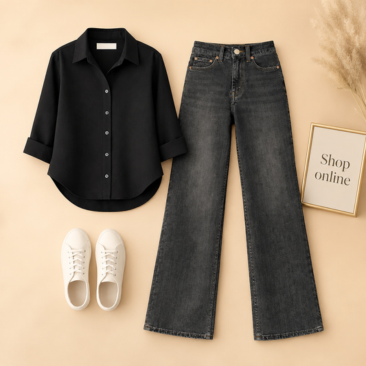 BLACK BUTTON SHIRT WITH MALAYSIAN BLACK WIDE LEG JEANS