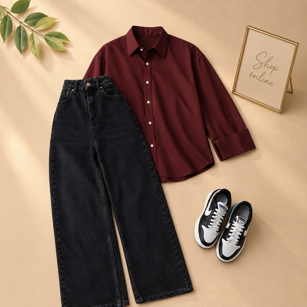 MAROON BUTTON SHIRT WITH BLACK WIDE LEG JEANS