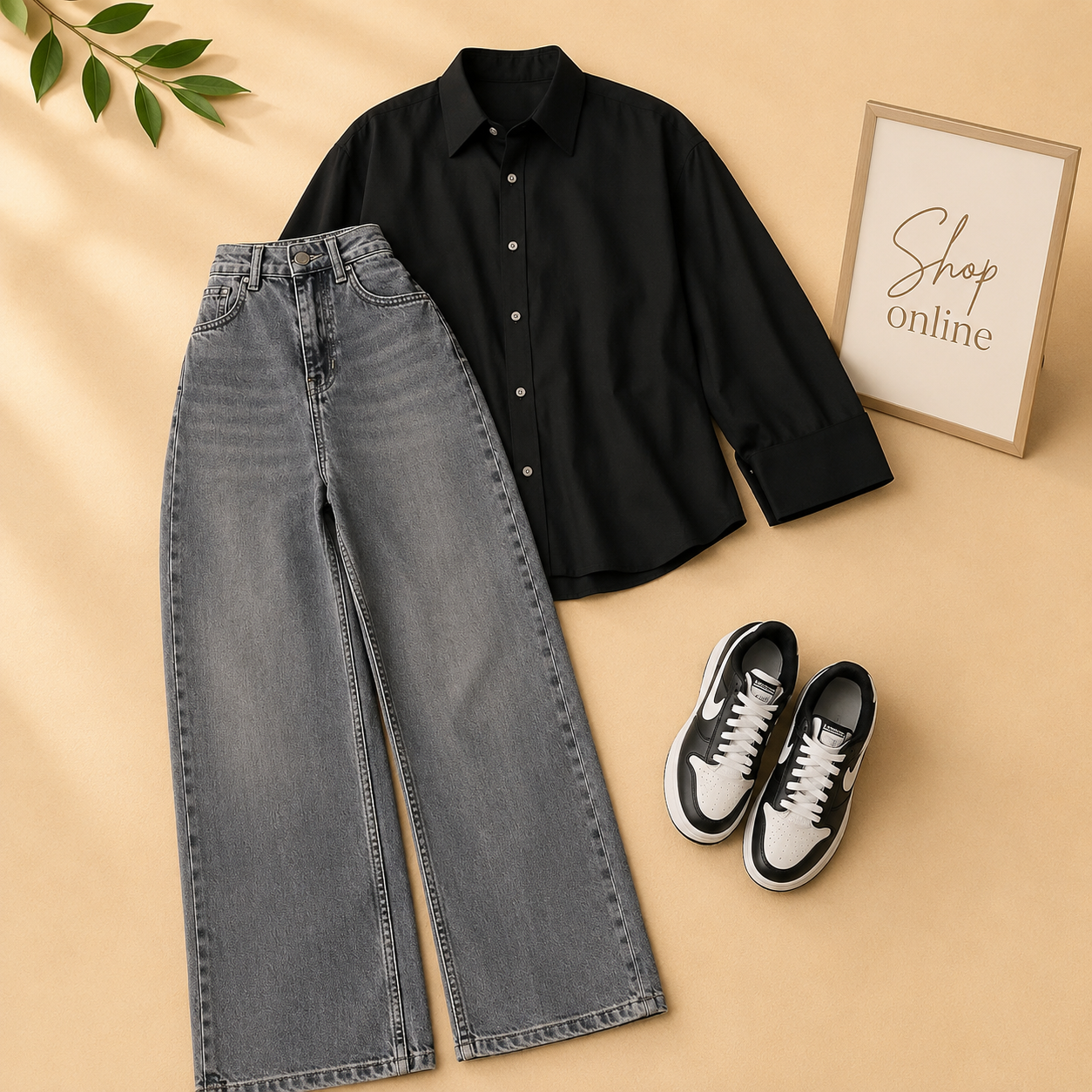 BLACK BUTTON SHIRT WITH CHARCOAL WIDE LEG JEANS