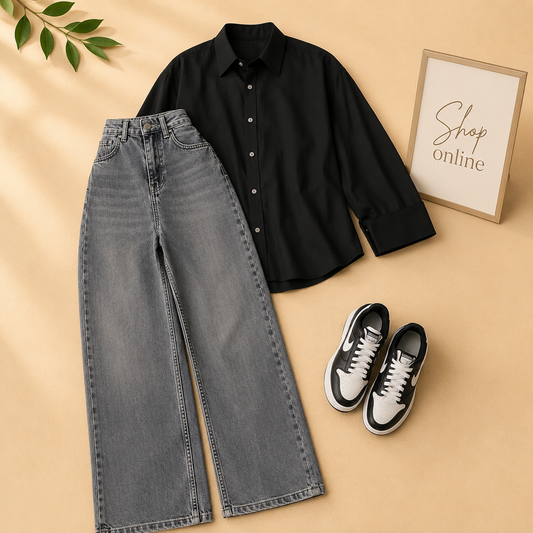 BLACK BUTTON SHIRT WITH CHARCOAL WIDE LEG JEANS