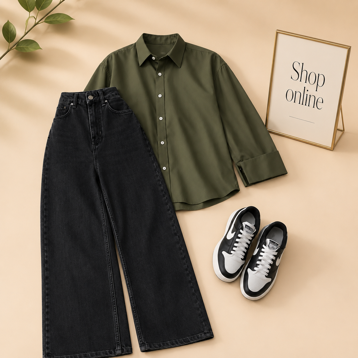 OLIVE GREEN BUTTON SHIRT WITH BLACK WIDE LEG JEANS