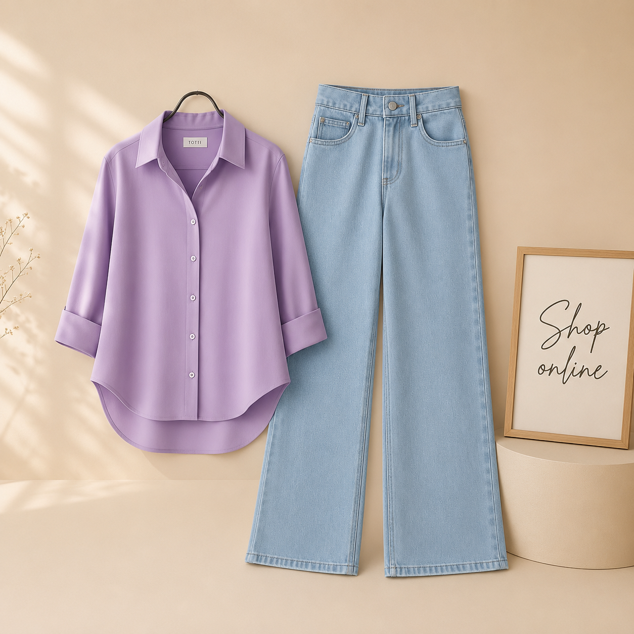 LILAC BUTTON SHIRT WITH SKY BLUE WIDE LEG JEANS