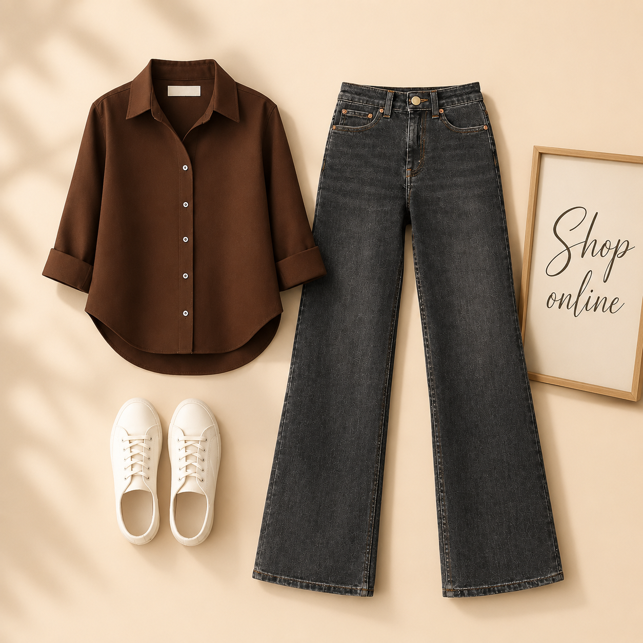 BROWN BUTTON SHIRT WITH MALAYSIAN BLACK WIDE LEG JEANS