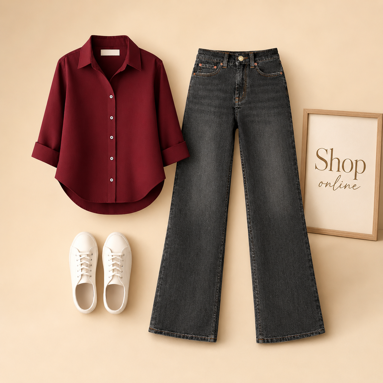 MAROON BUTTON SHIRT WITH MALAYSIAN BLACK WIDE LEG JEANS