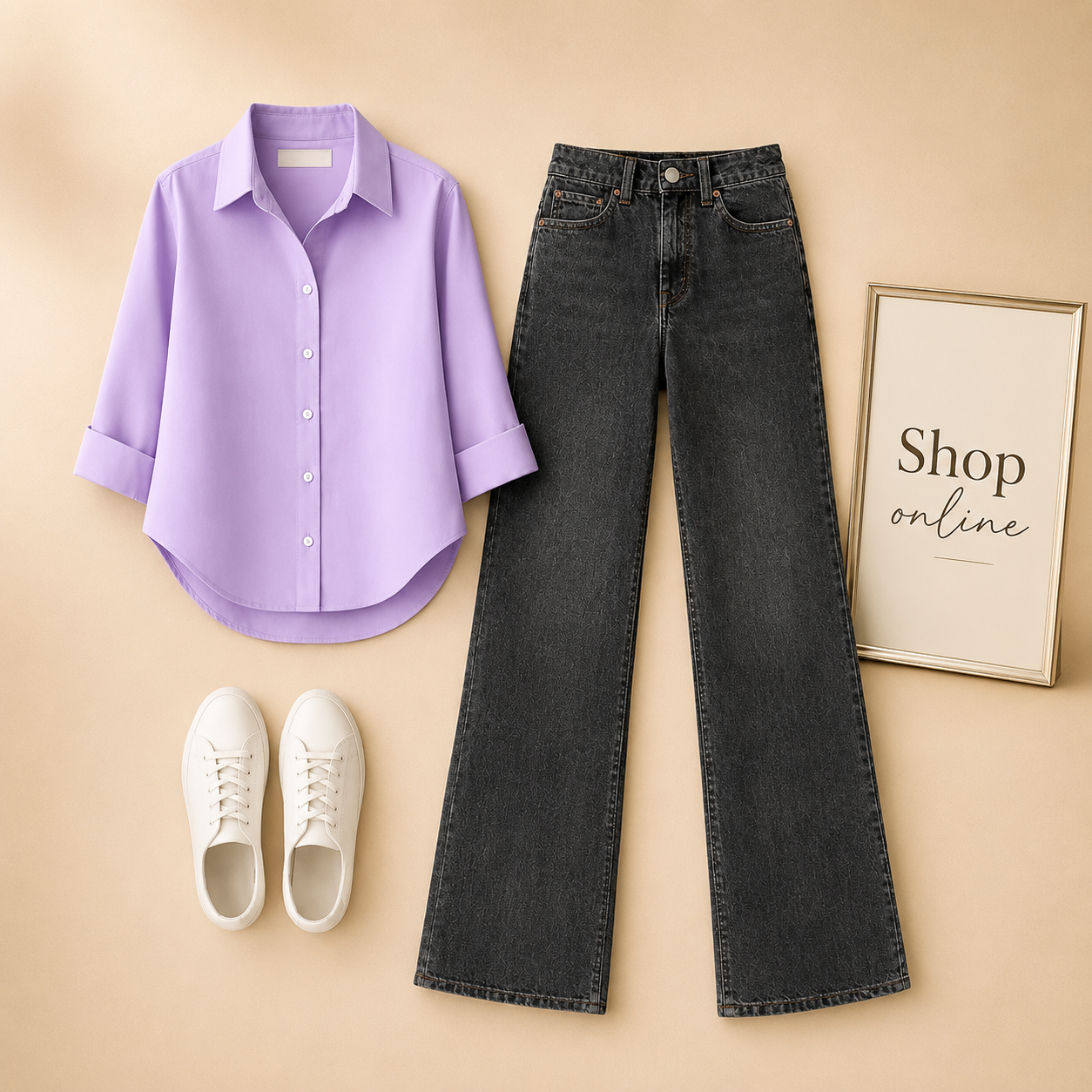 LILAC BUTTON SHIRT WITH MALAYSIAN BLACK WIDE LEG JEANS