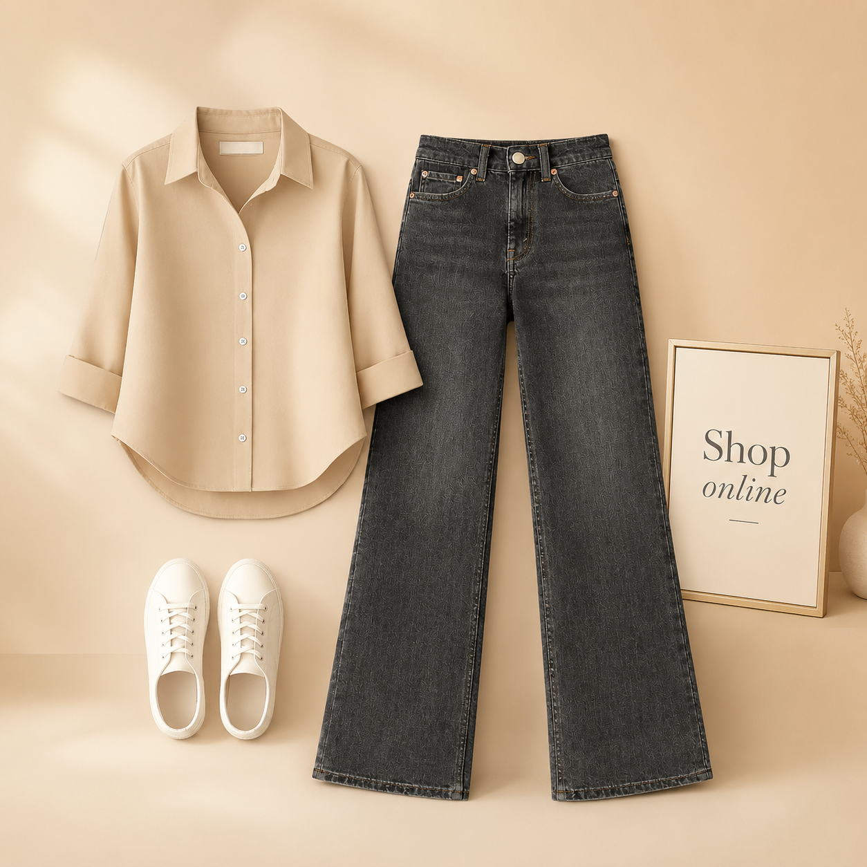 CREAM BUTTON SHIRT WITH MALAYSIAN BLACK WIDE LEG JEANS