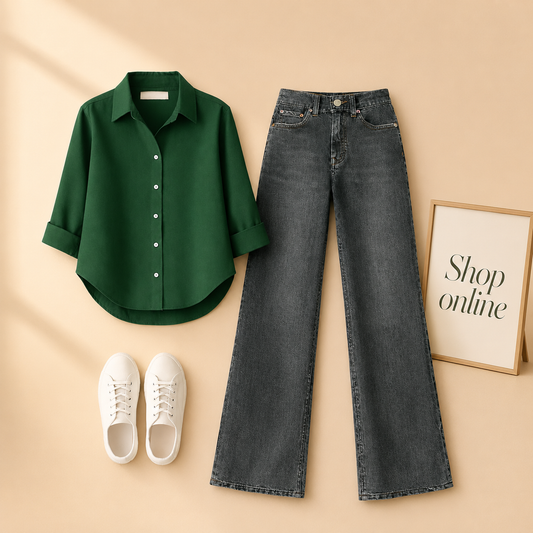 BOTTLE GREEN BUTTON SHIRT WITH MALAYSIAN BLACK WIDE LEG JEANS