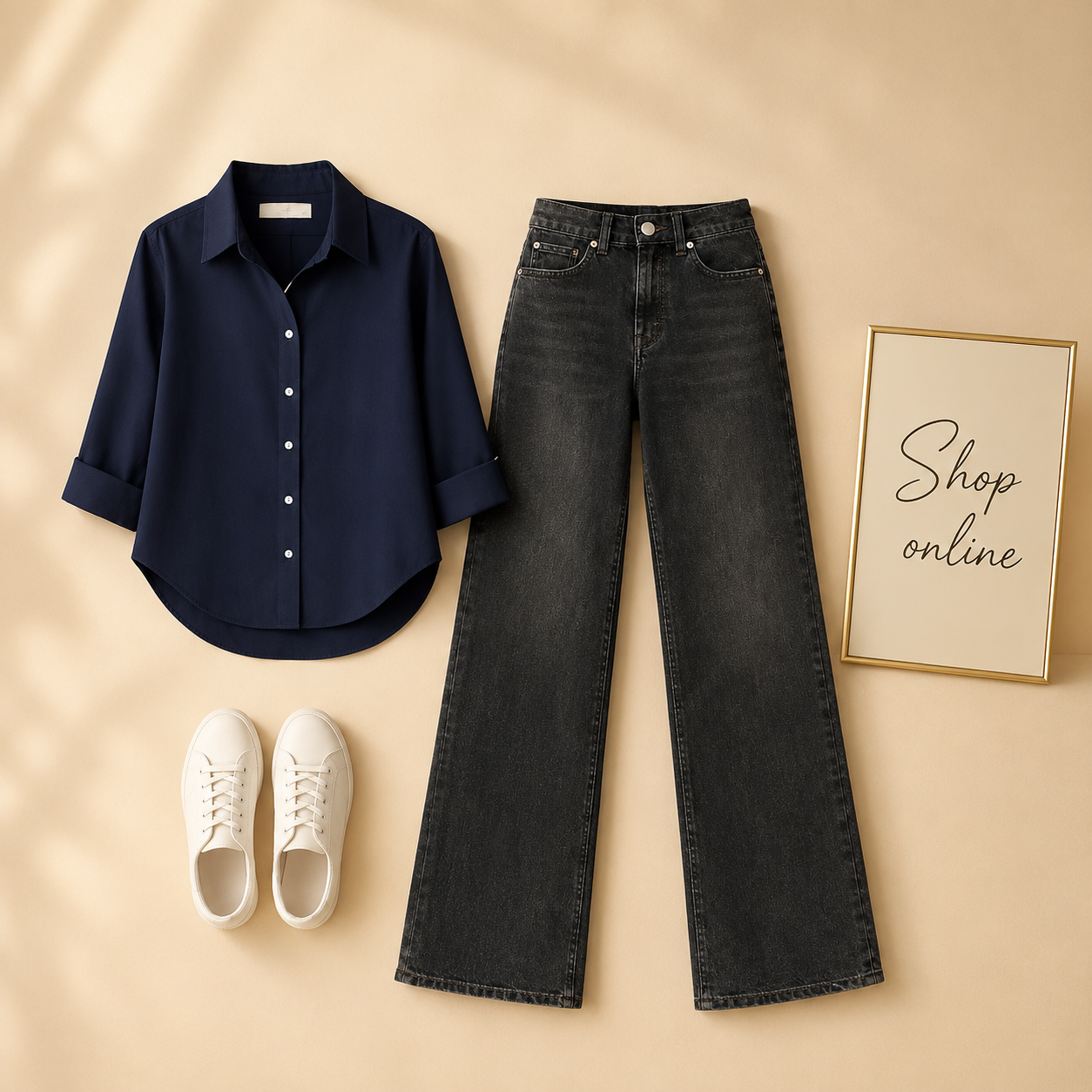 NAVY BLUE BUTTON SHIRT WITH MALAYSIAN BLACK WIDE LEG JEANS