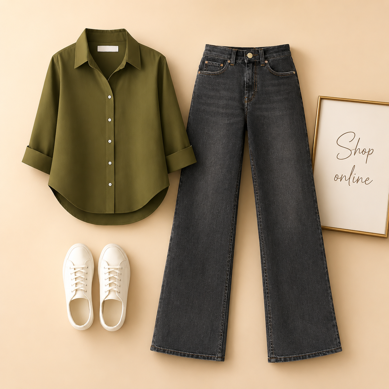 OLIVE GREEN BUTTON SHIRT WITH MALAYSIAN BLACK WIDE LEG JEANS