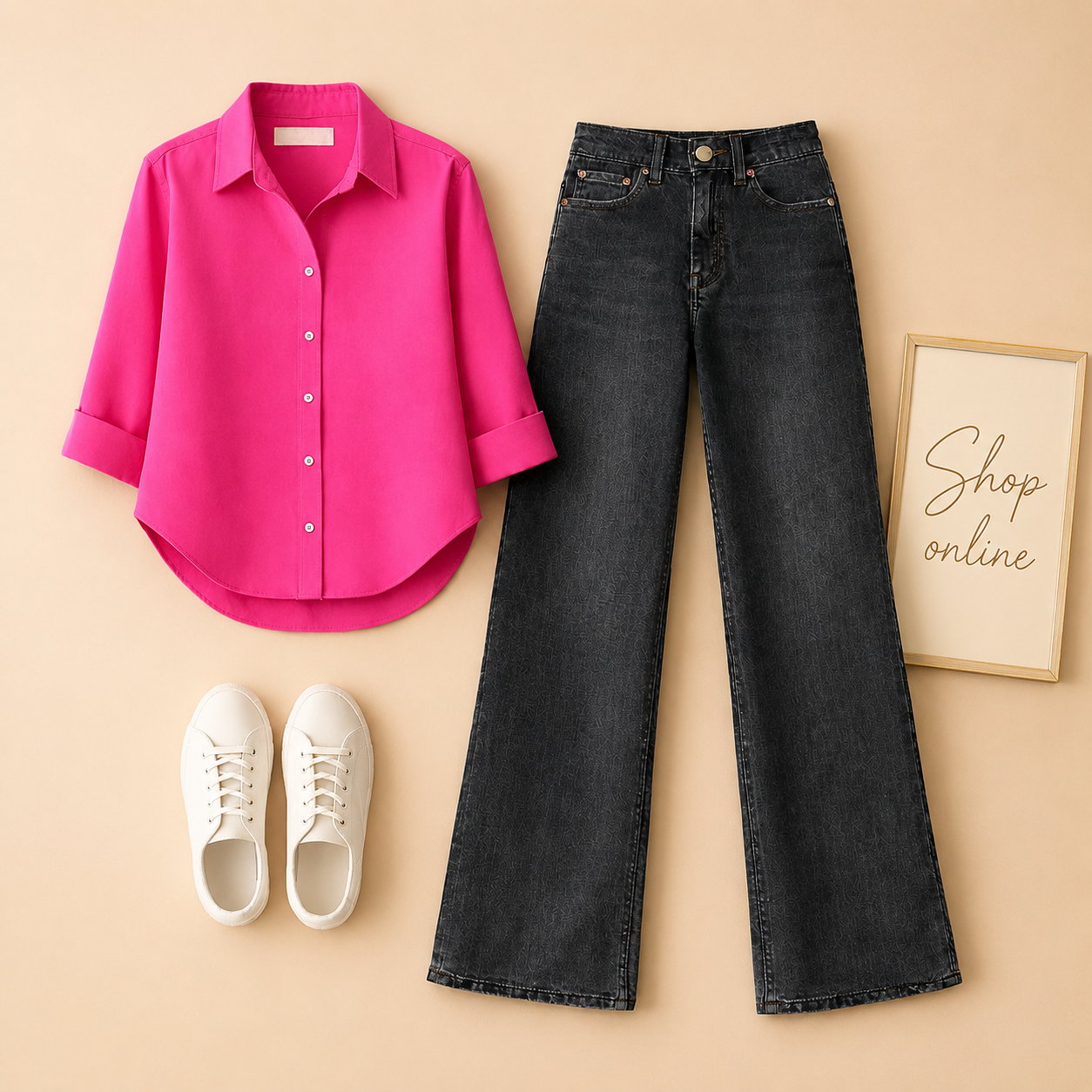 HOT PINK BUTTON SHIRT WITH MALAYSIAN BLACK WIDE LEG JEANS