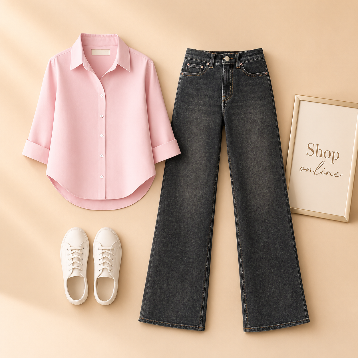 LIGHT PINK BUTTON SHIRT WITH MALAYSIAN BLACK WIDE LEG JEANS