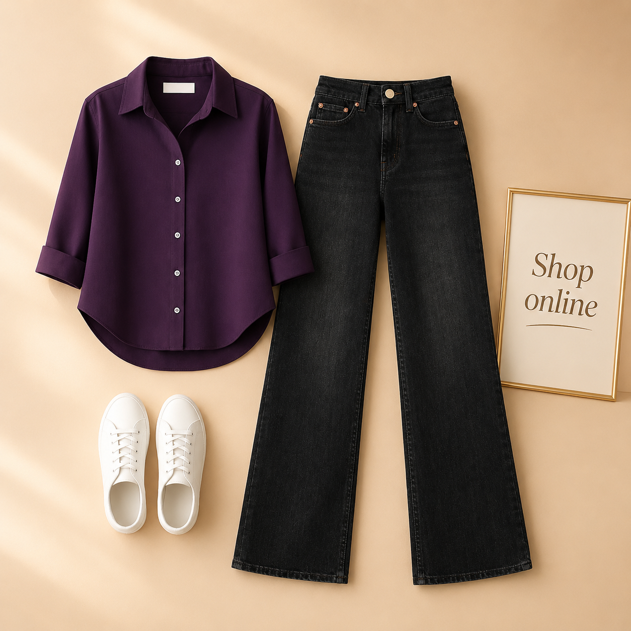 PURPLE BUTTON SHIRT WITH MALAYSIAN BLACK WIDE LEG JEANS