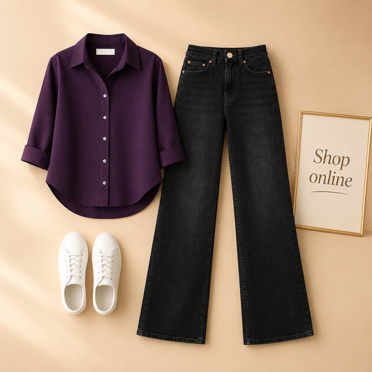 PURPLE BUTTON SHIRT WITH MALAYSIAN BLACK WIDE LEG JEANS