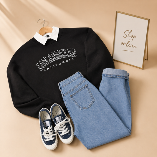 Black / Midblue Collar sweat(LOS ANGELES )and wideleg jeans