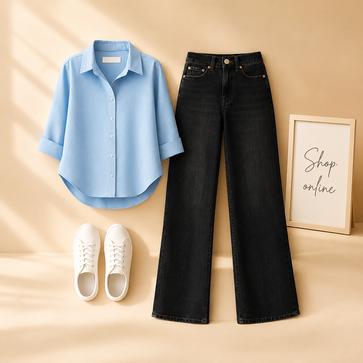 LIGHT BLUE BUTTON SHIRT WITH MALAYSIAN BLACK WIDE LEG JEANS