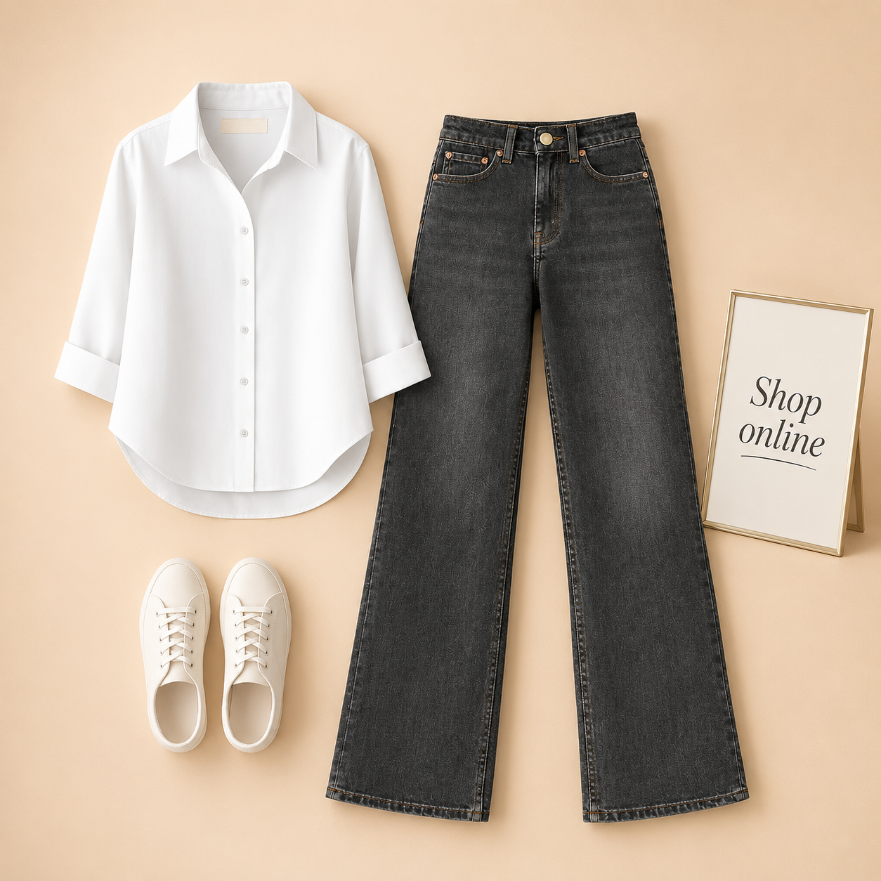 WHITE BUTTON SHIRT WITH MALAYSIAN BLACK WIDE LEG JEANS