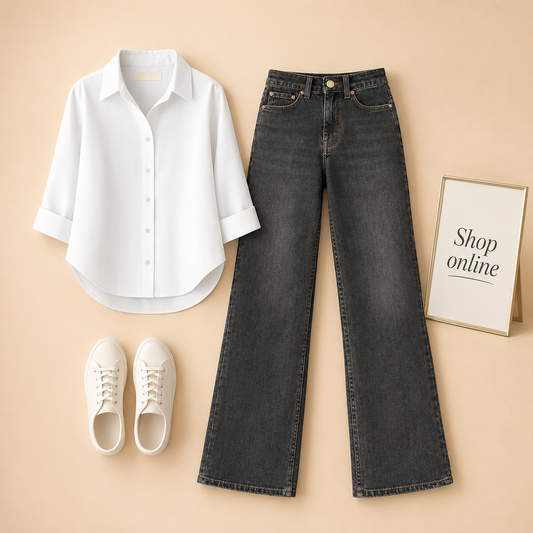 WHITE BUTTON SHIRT WITH MALAYSIAN BLACK WIDE LEG JEANS