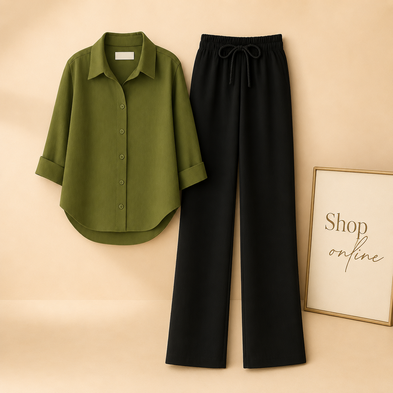 OLIVE GREEN BUTTON DOWN SHIRT WITH BLACK FLAPPER