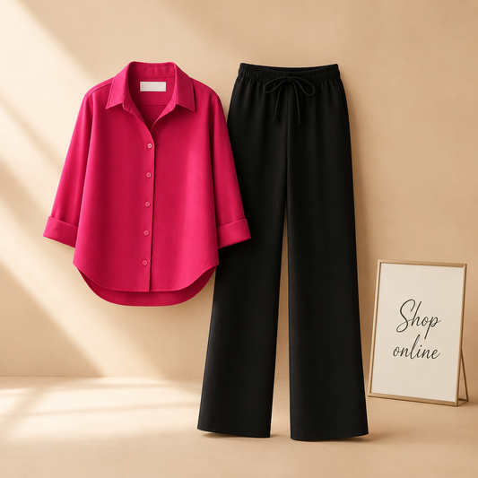 HOT PINK BUTTON DOWN SHIRT WITH BLACK FLAPPER