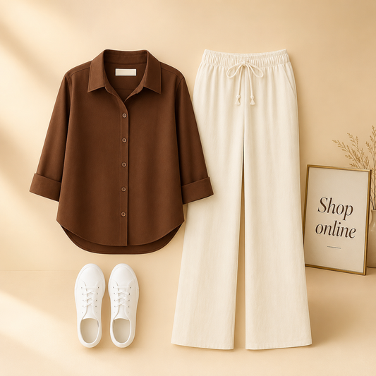 BROWN BUTTON DOWN SHIRT WITH BEIGE FLAPPER
