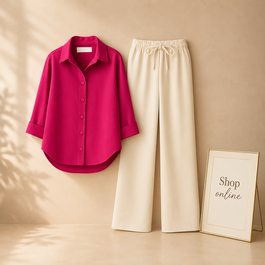 HOT PINK BUTTON DOWN SHIRT WITH BEIGE FLAPPER