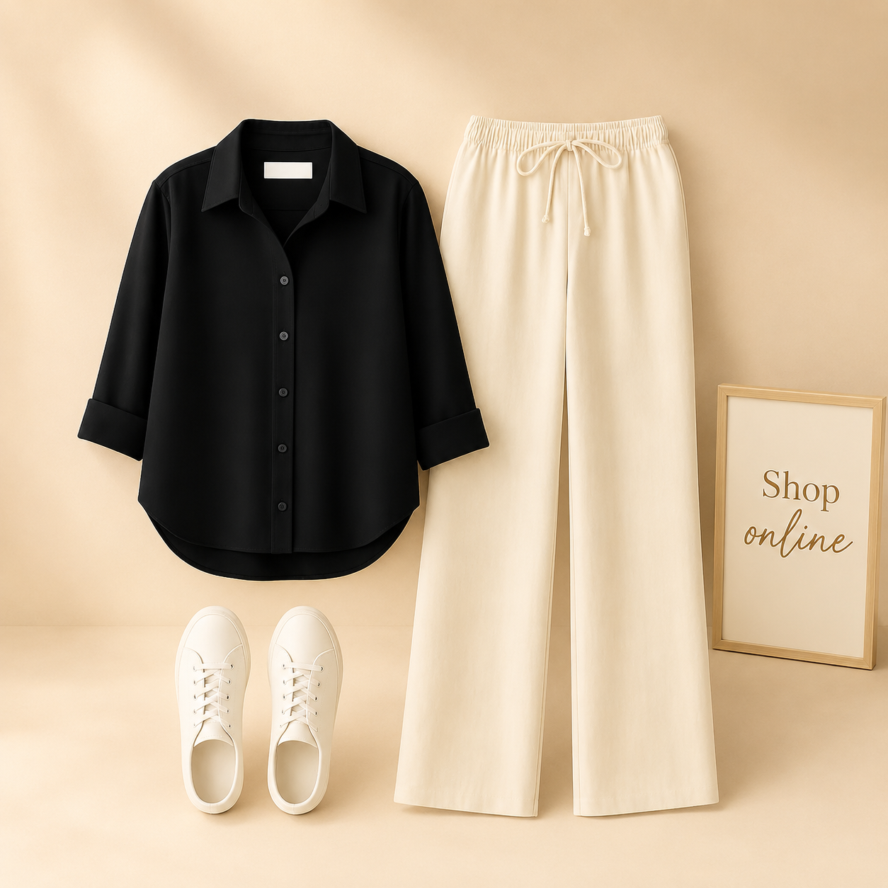 BLACK BUTTON DOWN SHIRT WITH BEIGE FLAPPER