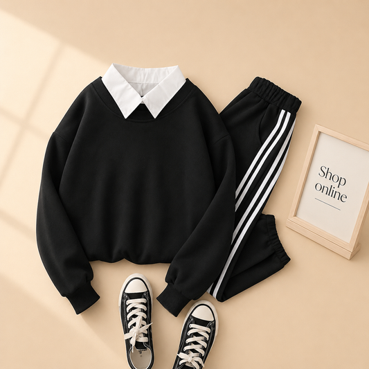 BLACK COLLAR SWEATSHIRT WITH 3 STRIPES TROUSER