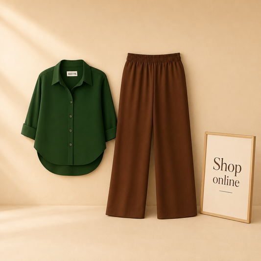 BOTTLE GREEN BUTTON DOWN SHIRT WITH BROWN FLAPPER
