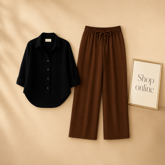 BLACK BUTTON DOWN SHIRT WITH BROWN FLAPPER
