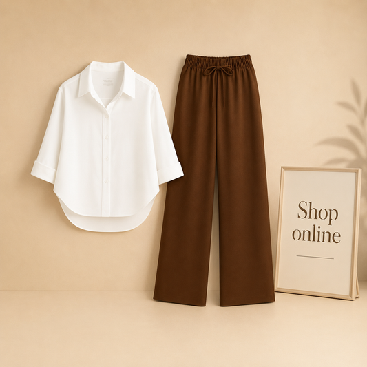 WHITE BUTTON DOWN SHIRT WITH BROWN FLAPPER