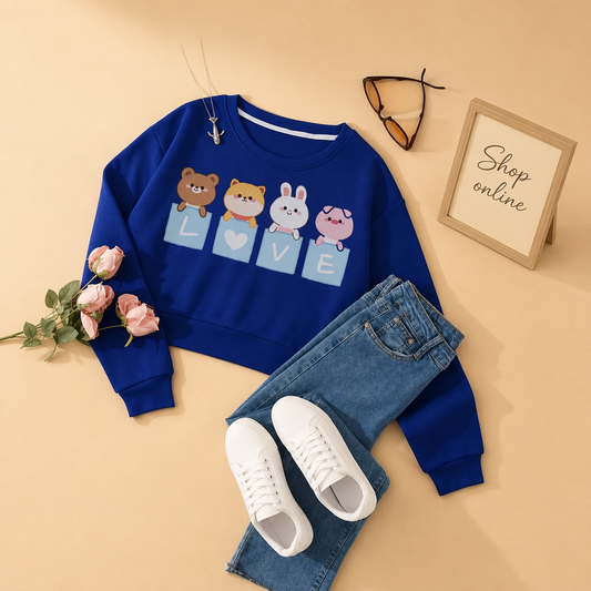 LOVE CARTOON ROYAL BLUE SWEATSHIRT WITH SKY BLUE  WIDE LEG JEANS