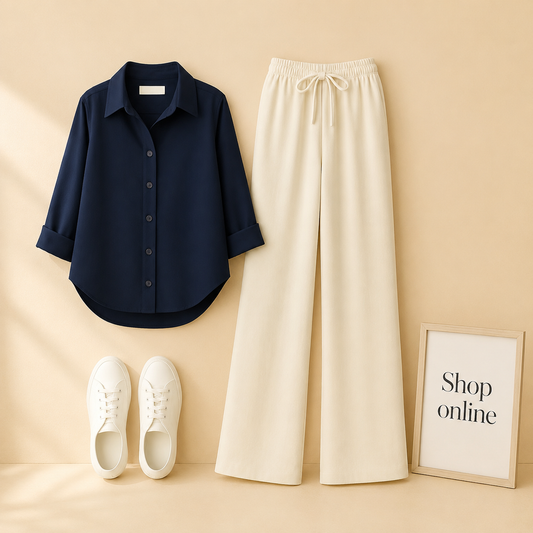 NAVY BLUE BUTTON DOWN SHIRT WITH BEIGE FLAPPER