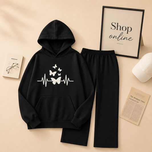 BUTTERFLY HEART BEAT BLACK HOODIE WITH BLACK FLAPPER