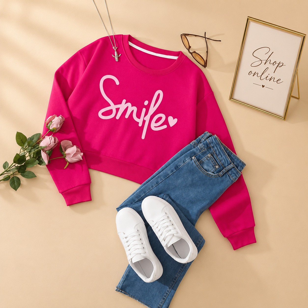 SMILE HEART HOT PINK SWEATSHIRT WITH SKY BLUE  WIDE LEG JEANS