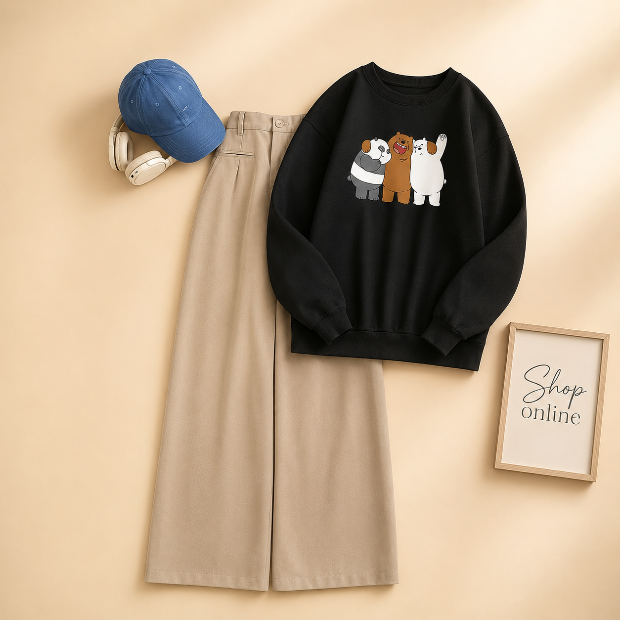 BLACK SWEATSHIRT ( TOGETHER BEAR) WITH BEIGE WIDE LEG JEANS