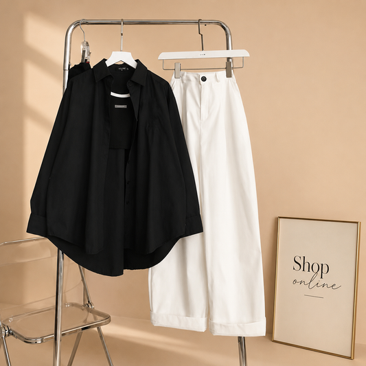 BLACK BUTTON SHIRT WITH WHITE WIDE LEG JEANS COMBO