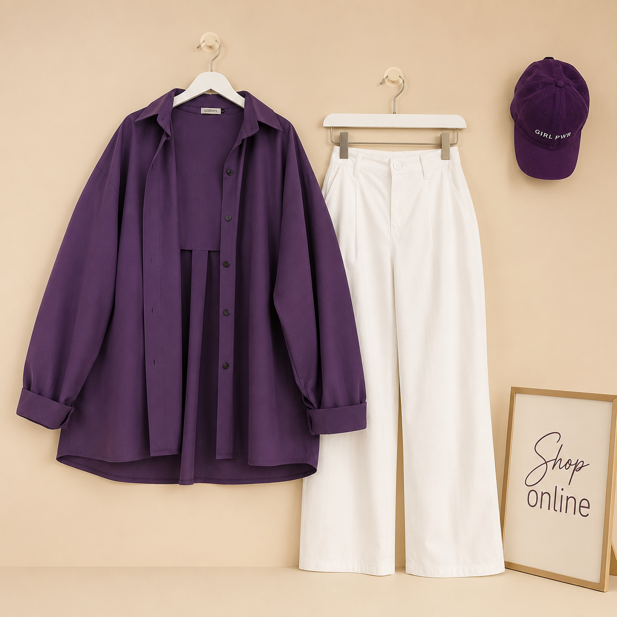 PURPLE BUTTON SHIRT WITH WHITE WIDE LEG JEANS COMBO