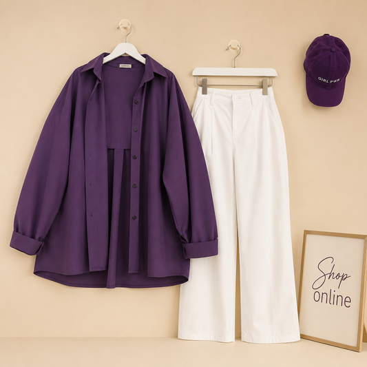 PURPLE BUTTON SHIRT WITH WHITE WIDE LEG JEANS COMBO
