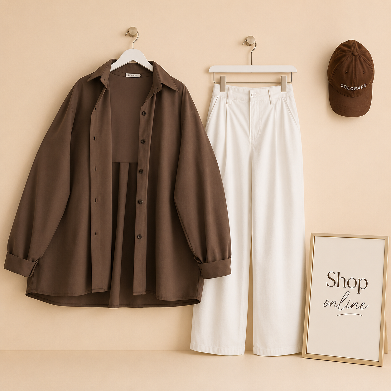 COFEE BROWN BUTTON SHIRT WITH WHITE WIDE LEG JEANS COMBO